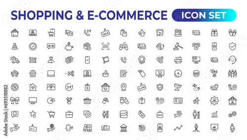 Shopping web icons in line style. Mobile Shop, Digital marketing, Bank Card, Gifts. Vector illustration.