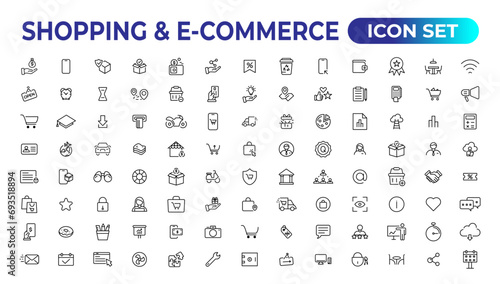Shopping web icons in line style. Mobile Shop, Digital marketing, Bank Card, Gifts. Vector illustration.