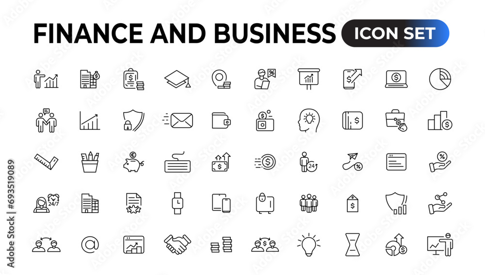 Finance and business line icons collection. Big UI icon set in a flat design. Thin outline icons pack. Vector illustration.