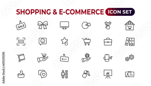 Shopping web icons in line style. Mobile Shop, Digital marketing, Bank Card, Gifts. Vector illustration.