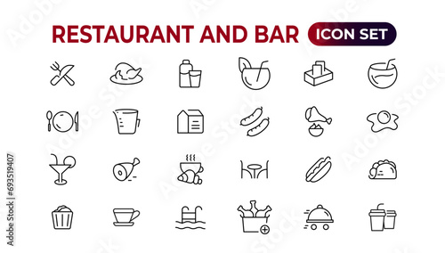 Restaurant line icons collection. Food, service, bar, alcohol icons. UI icon set. Thin outline icons pack. Vector illustration.