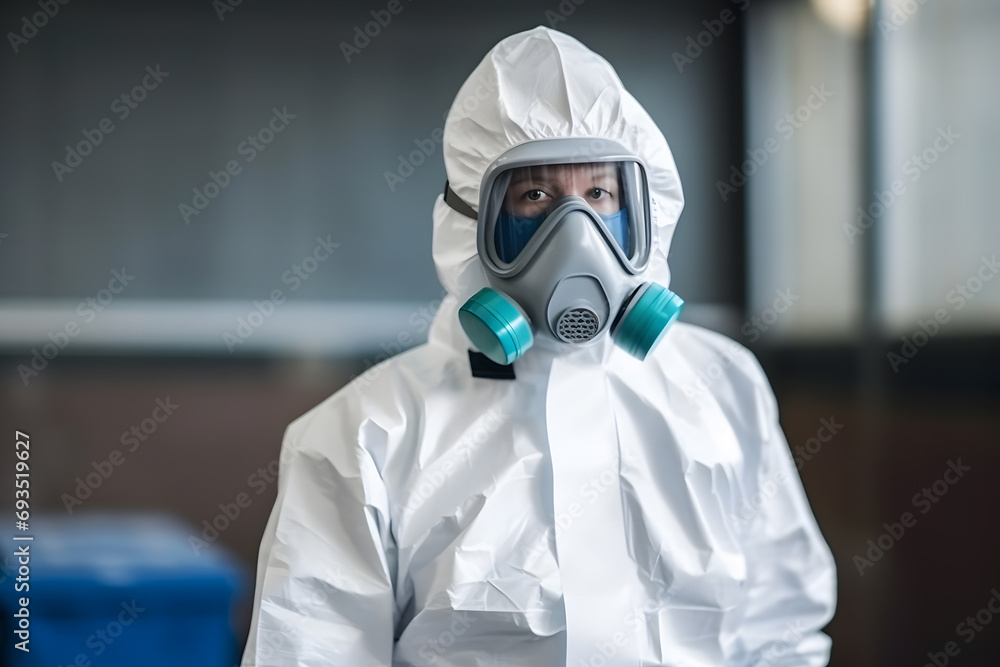 Woman wearing gloves with biohazard chemical protective suit and mask. Neural network AI generated art Woman wearing gloves with biohazard chemical protective suit and mask. Neural network AI generated art