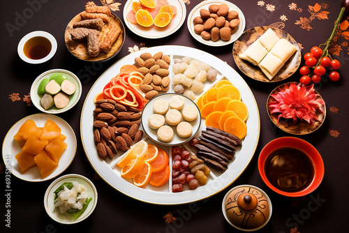 Wallpaper Mural Concept picture for Chinese new year table set up and traditional Chinese dishes on red background with Chinese word means fortune. Torontodigital.ca
