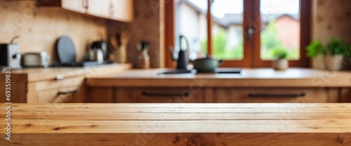 Blurred Kitchen Countertop  Wooden Table and Kitchen Tools on Empty Wooden Table Background