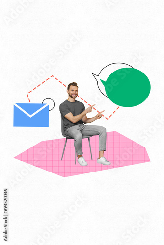 Vertical photo collage of handsome guy sitting on chair pointing to messages email online connection digital on creative background