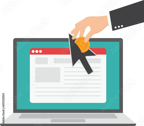 Paid media or pay per click advertising, marketing campaign pay for online ads for users to visit website concept, businessman marketer push money coin into mouse pointer to click to website.

