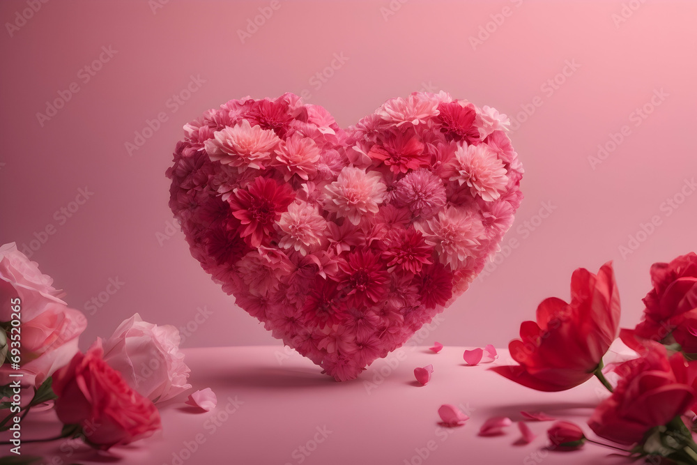 A large pink elegant flowers heart on pink background. Magic beautiful composition with heart and blooms for Valentine's Day, Wedding, Birthday and more