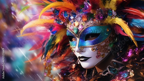 A colorful mask adorned with feathers and intricate designs was displayed in a vibrant carnival parade, multiple exposure, mosaic style, 32K, hyper quality