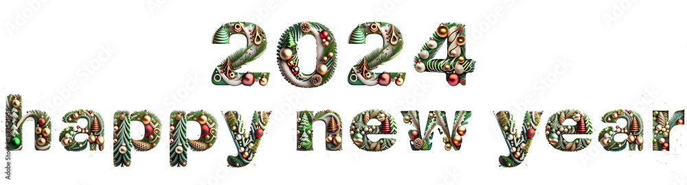 Happy new year concept, text with pine tree and new year decorations