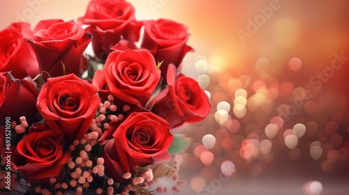 Valentine s day postcard a bouquet of red roses on a background bokeh with copy space for text.