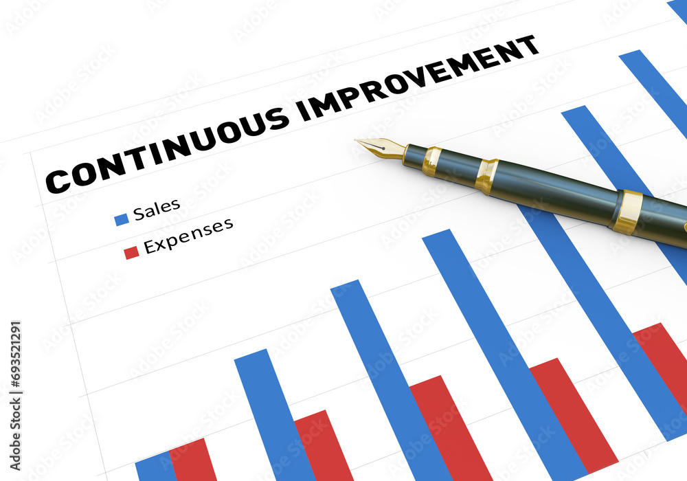 3d render of pen on continuous improvement bar chart report 3d render of pen on continuous improvement bar chart report