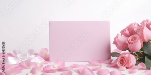 A poster, layout, pink roses on the desktop, with a small pink gift box next to it, a clean background, rose petals in the air, close-up shots, ultra clear, realistic style,