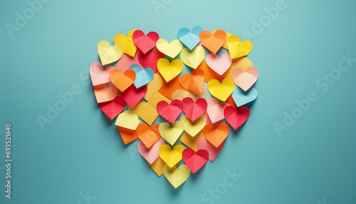 Post-it notes assembled in heart shape. Concept of loving your work and fall in love in the office.  photo