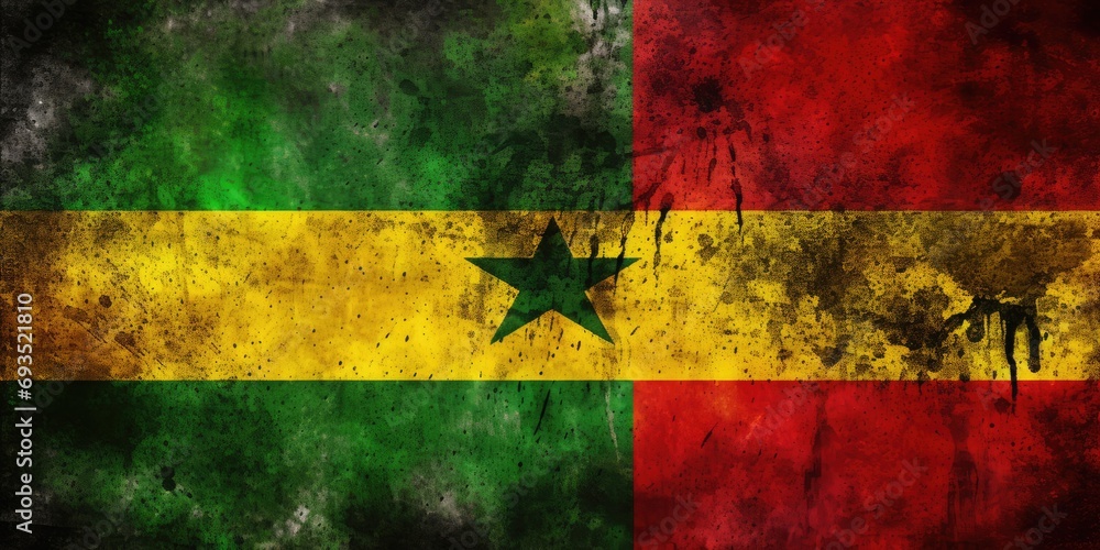 A red, green and yellow flag with a grungy texture royalty stock photo, in the style of afro-caribbean influence, smokey background A red, green and yellow flag with a grungy texture royalty stock photo, in the style of afro-caribbean influence, smokey background