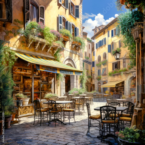 Typical Italian town.s street with cafe or bar outside, sunny summer day