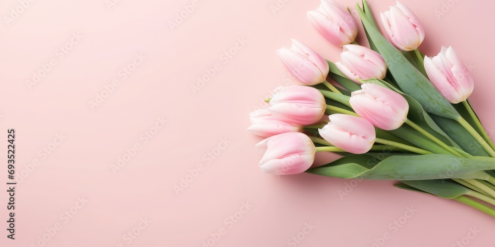 Beautiful composition spring flowers. Bouquet of pink tulips flowers on pastel pink background. Valentine's Day