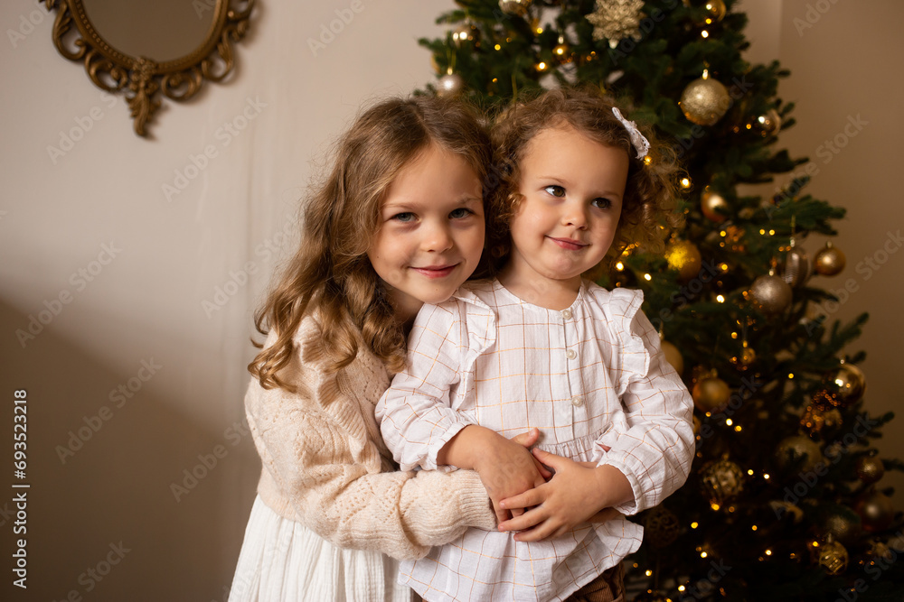 Two sisters play near Christmas tree indoors. Merry Christmas and Happy Holidays. Two sisters play near Christmas tree indoors. Merry Christmas and Happy Holidays.
