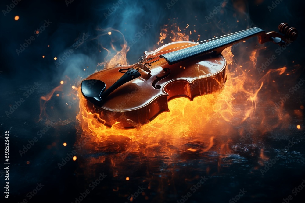 Violin and bow - half the frame is on fire, half the frame is ice, there are magic sparks all around
