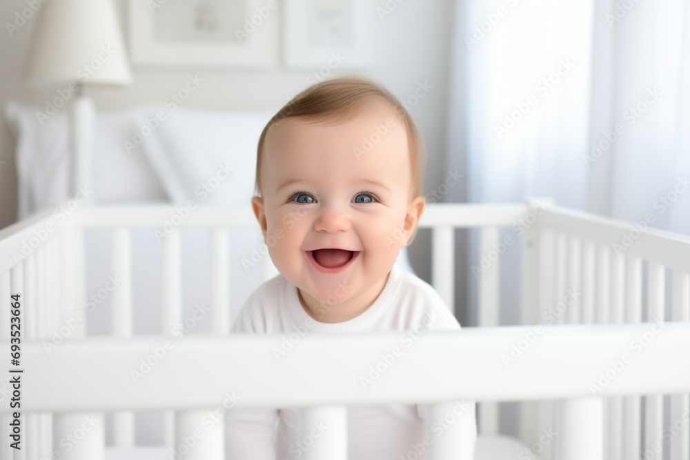 Baby looks out of crib and smiles, white interior Baby looks out of crib and smiles, white interior