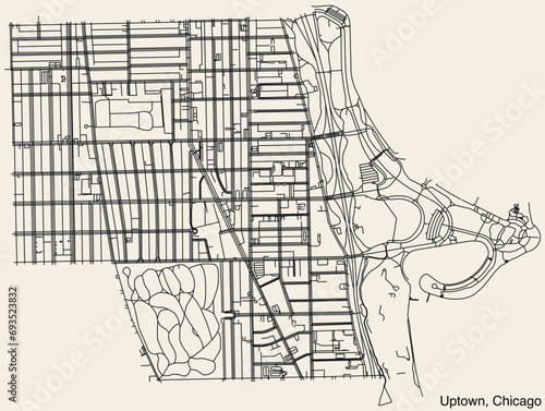 Detailed hand drawn navigational urban street roads map of the UPTOWN COMMUNITY AREA of the American city of CHICAGO, ILLINOIS with vivid road lines and name tag on solid background