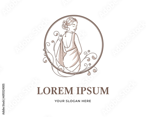 beauty saree logo design with indian woman figure wearing saree dress design template
