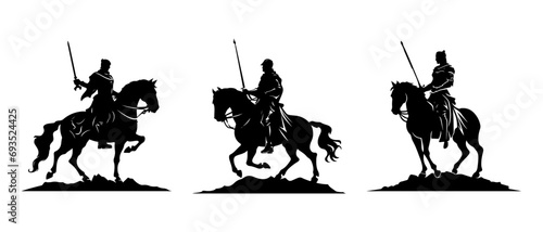 Vector silhouette A knight with sword on a horse black isolated on white	