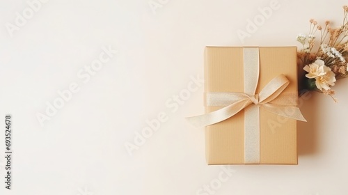 Craft gift boxes with flower on light beige background. Copy space minimalism style template background © sambath