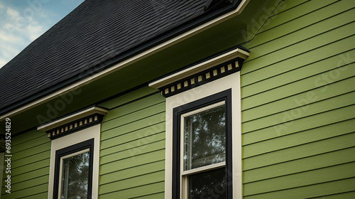 Close-up green texture vinyl siding for exterior roof or house wall. Exterior cottage trim with water repellent panel siding. Goods for repair, construction store. photo