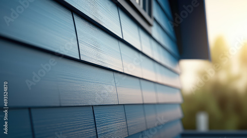 Close-up blue texture vinyl siding for exterior roof or house wall. Exterior cottage trim with water repellent panel siding. Goods for repair, construction store. photo