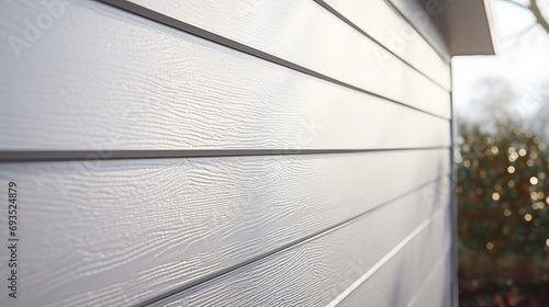Close-up white texture vinyl siding for exterior roof or house wall. Exterior cottage trim with water repellent panel siding. Goods for repair, construction store. photo