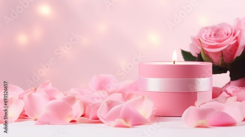 Landscape photography, pink gift box, pink background, several pink rose petals in the foreground, white background spotlight, fluorescent spots,