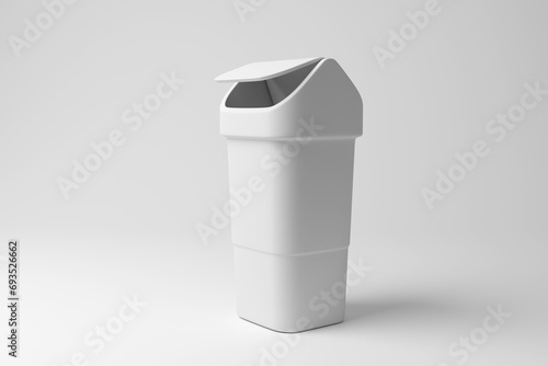 White swing bin on white background in monochrome and minimalism. Illustration of the concept of domestic waste