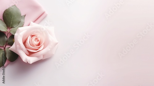 Minimalistic modern still life with rose Seasonal banner, Tenderness postcard. Mother’s Day background