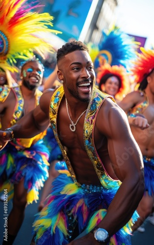 Multiple Brazilian male dancers with impressive muscles, showcasing their physique while leading a lively dance performance at a vibrant carnival, captivating energy, cultural celebration, 