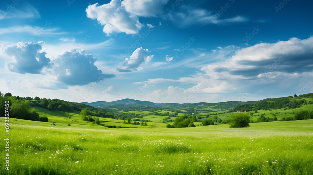 landscape photo of a green flowering meadow on a sunny summer day