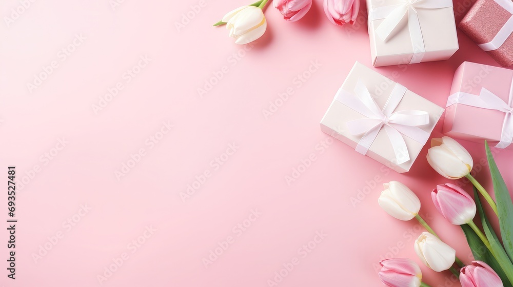 Pink and white tulips and gift boxes on a pink background, dull pink background, light pink background, flowers background, 