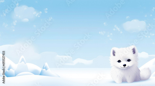 Illustration of a cute fluffy white arctic fox on a background of winter nature © dwoow