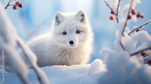 Cute fluffy white arctic fox on a background of winter nature © dwoow