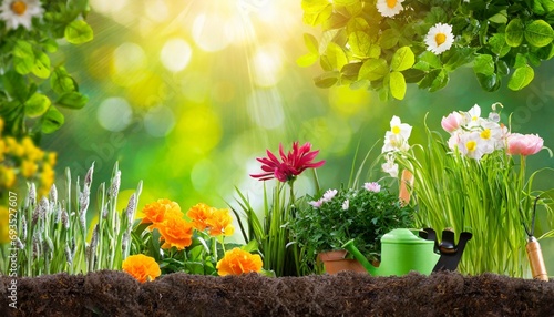 gardening concept garden flowers and plants on a sunny background