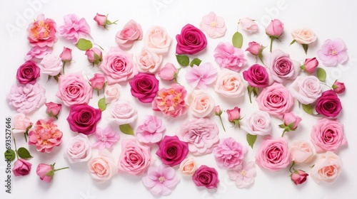 Pink roses in various states of bloom on white background