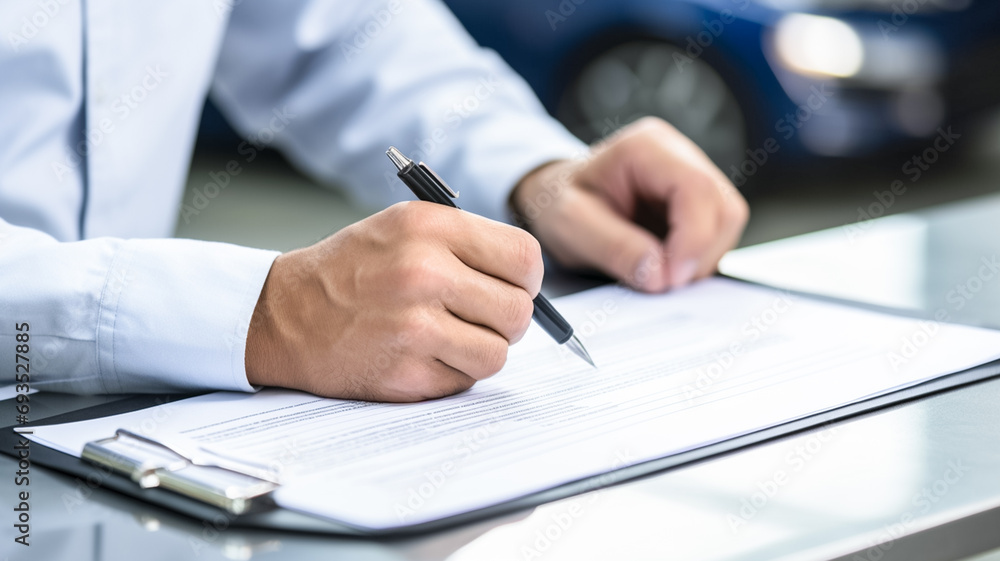 Male hands hold ballpoint pen insurance blank. Car insurance concept.
Male hands hold ballpoint pen insurance blank. Car insurance concept.
