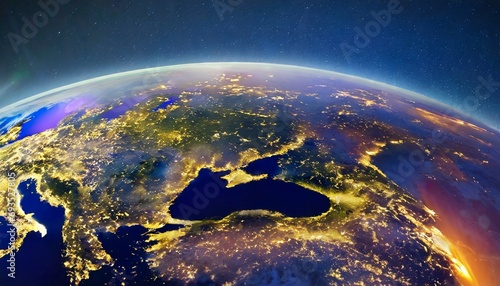 panoramic view on planet earth globe from space glowing city lights light clouds generative ai