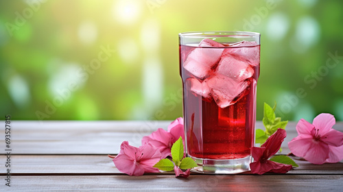 Refreshing hibiscus tea on wooden table with ice cubes and roselle flowe space for wording design bokeh green background photo