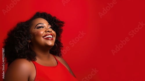 Plus size black woman smiling for the camera facing a red backdrop, in the style of booru, fash wave  photo