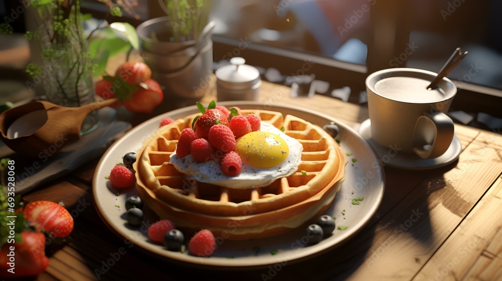Breakfast with waffles, fresh berries and egg on wooden table Breakfast with waffles, fresh berries and egg on wooden table