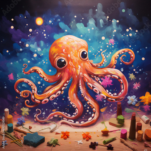 Whimsical Octopus on Colorful Stylized Backdrop with Soft Focus, Warm Lighting, and Playful Atmosphere Featuring Bokeh Effects