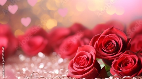 Red roses on a pink bokeh background  romantic greeting card  selective focus  copy space for text.