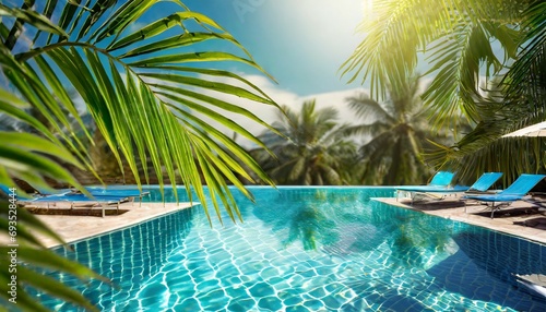 summer tropical background swimming pool with tropical leaf shadow generative ai