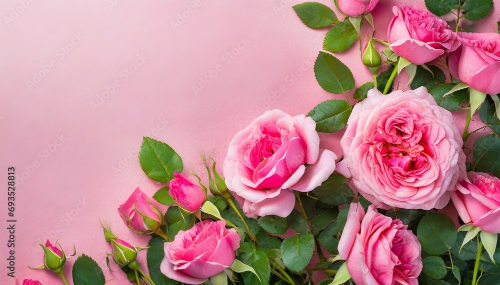 beautiful pink roses blooming on pink background with copy space