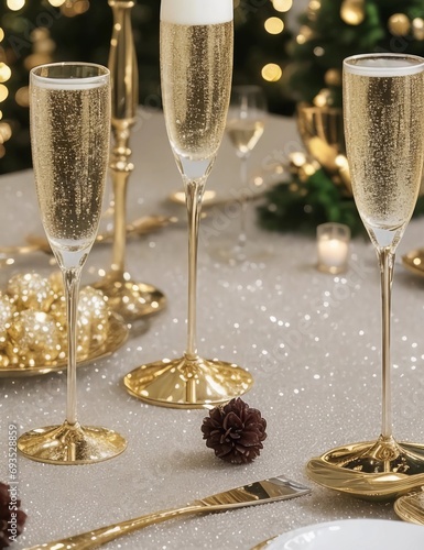 comedor elegante para fiesta de fin de año con copas de champan mesas y sillas   